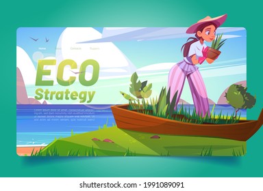 Eco strategy banner with woman planting flowers in old boat on sea beach. Vector landing page of environment conservation with cartoon summer landscape of sand ocean shore with broken ship in grass