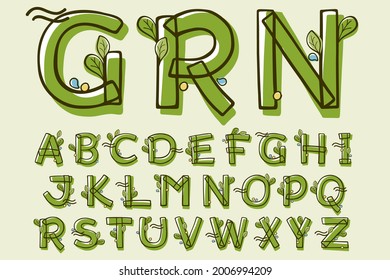 Eco style alphabet hand-drawn with a marker with paint shift effect. Vector cartoon typeface for children's zero waste collages, nature protection company, spring posters, etc.
