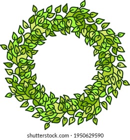 Eco style green leaves round frame. Eco friendle pattern with copyspace. Vector illustration.