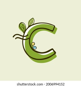 Letras de estilo ecológico C con el logotipo dibujado a mano con un marcador con efecto de desplazamiento de pintura. Tipo de dibujo vectorial para los collages de basura cero para niños, compañía de protección de la naturaleza, afiches de primavera, etc.