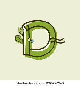 Eco style letter D logo hand-drawn with a marker with paint shift effect. Vector cartoon typeface for children's zero waste collages, nature protection company, spring posters, etc.