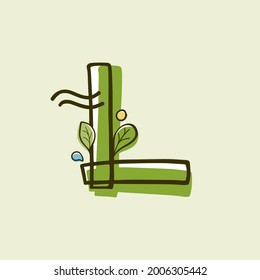 Eco style letter L logo hand-drawn with a marker with paint shift effect. Vector cartoon typeface for children's zero waste collages, nature protection company, spring posters, etc.