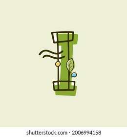Eco style letter I logo hand-drawn with a marker with paint shift effect. Vector cartoon typeface for children's zero waste collages, nature protection company, spring posters, etc.