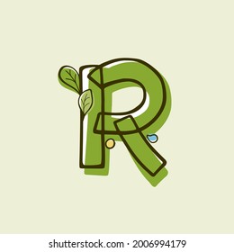 Eco style letter R logo hand-drawn with a marker with paint shift effect. Vector cartoon typeface for children's zero waste collages, nature protection company, spring posters, etc.