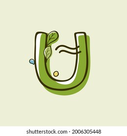 Eco style letter U logo hand-drawn with a marker with paint shift effect. Vector cartoon typeface for children's zero waste collages, nature protection company, spring posters, etc.
