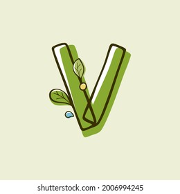 Eco style letter V logo hand-drawn with a marker with paint shift effect. Vector cartoon typeface for children's zero waste collages, nature protection company, spring posters, etc.
