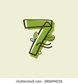Eco style number 7 logo hand-drawn with a marker with paint shift effect. Vector cartoon typeface for children's zero waste collages, nature protection company, spring posters, etc.