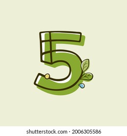 Eco style number five logo hand-drawn with a marker with paint shift effect. Vector cartoon typeface for children's zero waste collages, nature protection company, spring posters, etc.