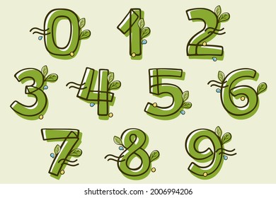 Eco style numbers set hand-drawn with a marker with paint shift effect. Vector cartoon typeface for children's zero waste collages, nature protection company, spring posters, etc.