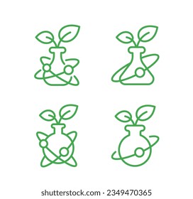 Eco substance flask with a leaf. Beaker chemistry. Natural vitamins. Editable outline. Vector line icon set.