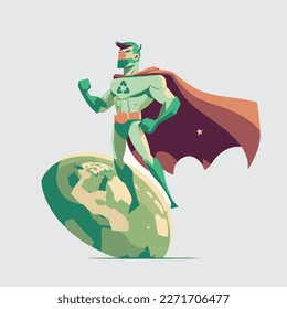 Eco superhero. Earth protection. Green concept. Superhero with recycling sign.