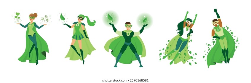 Eco Superhero Man and Woman Character in Green Cloak and Mask Vector Set