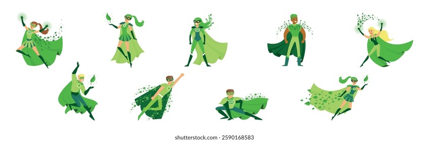 Eco Superhero Man and Woman Character in Green Cloak and Mask Vector Set