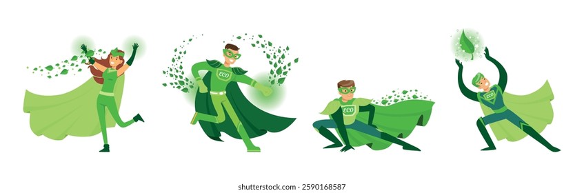 Eco Superhero Man and Woman Character in Green Cloak and Mask Vector Set