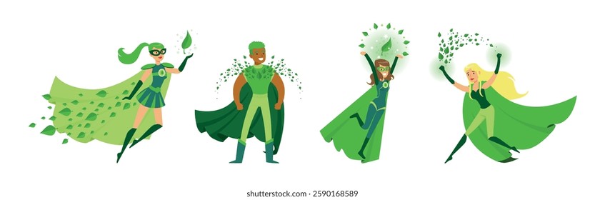 Eco Superhero Man and Woman Character in Green Cloak and Mask Vector Set