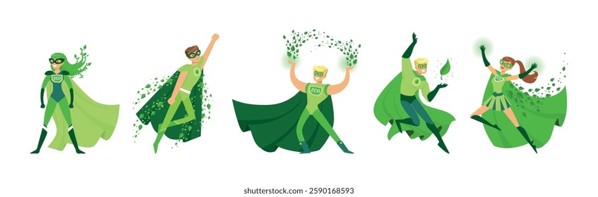 Eco Superhero Man and Woman Character in Green Cloak and Mask Vector Set