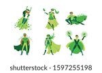 Eco Superheroes Wearing Green Costumes Vector Illustrations Set