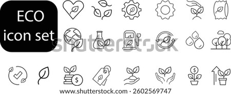 Eco Sustainability Icon Set with Transparent Background — Environment, Green Energy, Recycle, Renewable Resources, Organic Farming, and Sustainable Economy Icons