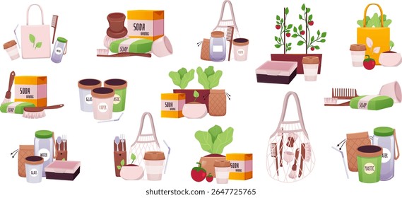 ECO estilo de vida sustentável composições conjunto plano. Elementos ecológicos, garrafas de vidro reutilizáveis, talheres, cultivar plantas. Ilustrações de desenhos animados conjunto de conceito de reduzir, reutilizar, reciclar. Sem resíduos