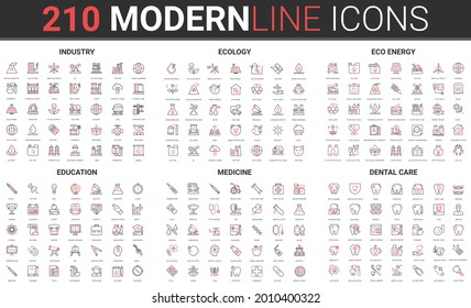 Eco sustainable renewable energy, ecology technology for power industry line icon vector illustration set. Red black thin linear symbols for dental care dentistry medicine, modern learning education