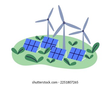 Eco sustainable renewable energy, green electric power station with alternative electricity. Sustainability concept. Wind mills, solar panels. Flat vector illustration isolated on white background