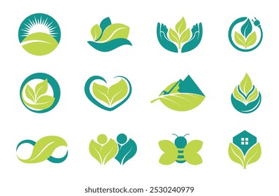 Eco Symbols Collection, Leaf-Based Logos with different elements Wave, Electric, Infinity, etc