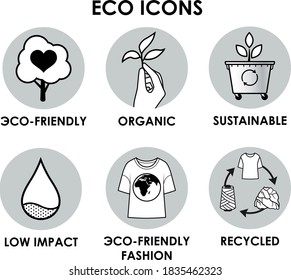 Eco symbols. Eco-friendly, organic, low impact, eco-friendly fashion, sustainable, recycled, recyclable icons