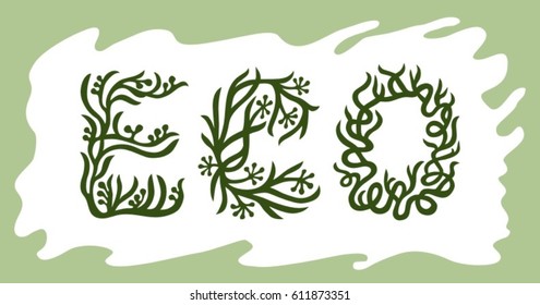 Eco symbols with leaves and tree branches. Hand drawn floral letters. Natural vector letters for your eco friendly design.