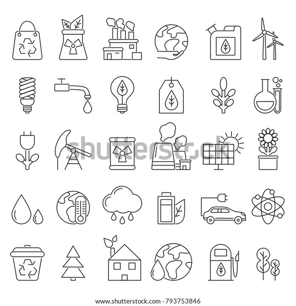 Eco symbols in mono line style. Industrial\
and ecology pictures set. Ecology and energy power, industry\
electric ecological station\
illustration