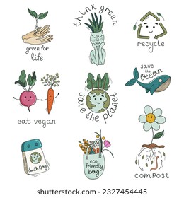 
Eco symbols set. Environmental conservation, Earth Day concept, recycling. Cute kawaii elements bundle. Doodle style vector illustrations.