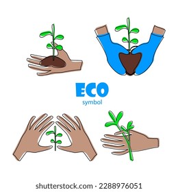 Símbolos ecológicos. Conjunto de manos humanas con plantas verdes. Vamos verde, vegano, ecológico   temas. Iconos vectoriales planos.