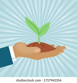 Concepto de sistema ecológico, medio ambiente limpio, manos protectoras de la tierra, concepción creativa, diseño, ilustración vectorial de estilo caricaturista. ecosistema orgánico, reciclar para salvar vidas, pancarta brillante, brote de mano