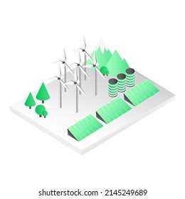 Eco system, factory on nature with plant and solar panels, wind mills, illustration, 3d, vector, isometric