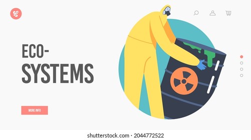 Eco System Landing Page Template. Ocean Oil Pollution, Ecological Catastrophe Concept. Character in Protective Suit and Gas Mask with Toxic Petrolium Wastes Barrel. Cartoon People Vector Illustration