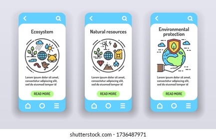 Eco system on mobile app onboarding screens. Ecosystem, Environment protect, Natural resources, . Banners for website on white background and mobile kit development. UI UX GUI template.
