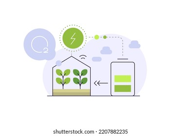 Eco System.Green Energy Moving In Abstract Scheme. Greenhouse With Charging Battery. Plant Growing, Electricity And Oxygen Generation. Clean Production. Infographic Element. Flat Illustration. Vector 