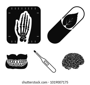 Eco tablet, electronic thermometer, hand x-ray, denture. Medicine set collection icons in black style vector symbol stock illustration web.