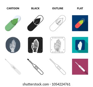 Eco tablet, electronic thermometer, hand x-ray, denture. Medicine set collection icons in cartoon,black,outline,flat style vector symbol stock illustration web.