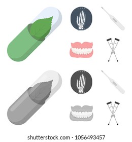 Eco tablet, electronic thermometer, hand x-ray, denture. Medicine set collection icons in cartoon,monochrome style vector symbol stock illustration web.