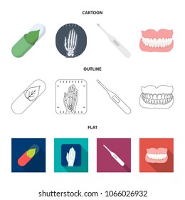 Eco tablet, electronic thermometer, hand x-ray, denture. Medicine set collection icons in cartoon,outline,flat style vector symbol stock illustration web.