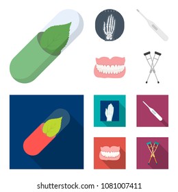 Eco tablet, electronic thermometer, hand x-ray, denture. Medicine set collection icons in cartoon,flat style vector symbol stock illustration web.
