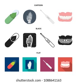 Eco tablet, electronic thermometer, hand x-ray, denture. Medicine set collection icons in cartoon,black,flat style vector symbol stock illustration web.