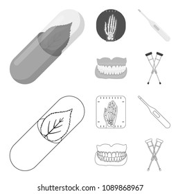 Eco tablet, electronic thermometer, hand x-ray, denture. Medicine set collection icons in outline,monochrome style vector symbol stock illustration web.