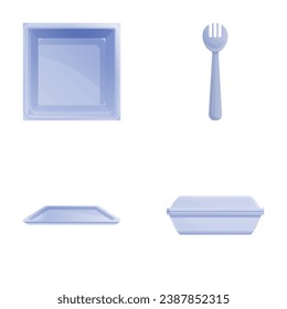 Iconos de Eco tableware establecen el vector de dibujos animados. Artículos de mesa para fiestas de picnic. Artículos de cocina ecológica