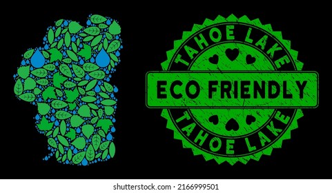 Eco Tahoe Lake map collage of herbal leaves and water dews, and ECO FRIENDLY quality stamp. Tahoe Lake map is designed with green herbal items and blue water drops.