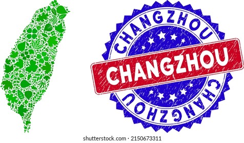 Eco Taiwan Island map composition of floral leaves in green color shades and grunge bicolor Changzhou seal. Red and blue bicolored watermark with grunge texture and Changzhou word.