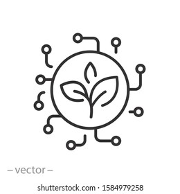 eco tech icon, leaf plant in circuit board, green technology future, logo engineering tech, microchip, thin line web symbol on white background - editable stroke vector illustration eps10