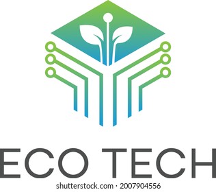 Eco Tech Logo Design. Plant Technology, Vector Logo With Circuits Design Template.