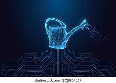 Eco tech, smart farming and sustainability concept with glowing digital watering can spraying particles. Futuristic blue low-poly mesh, neon lines and circuit base. Modern vector illustration.