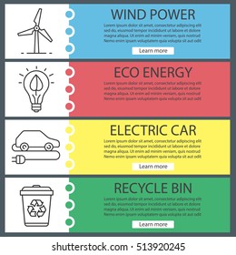 Eco technologies banner templates set. Easy to edit. Wind energy, eco concept, electric car, recycle service. Website menu items with linear icons. Color web banner. Vector headers design concepts